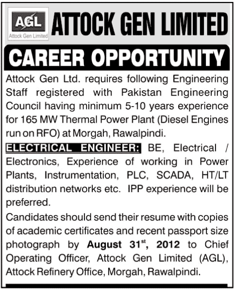 Electrical Engineer Required for Attock Gen Limited