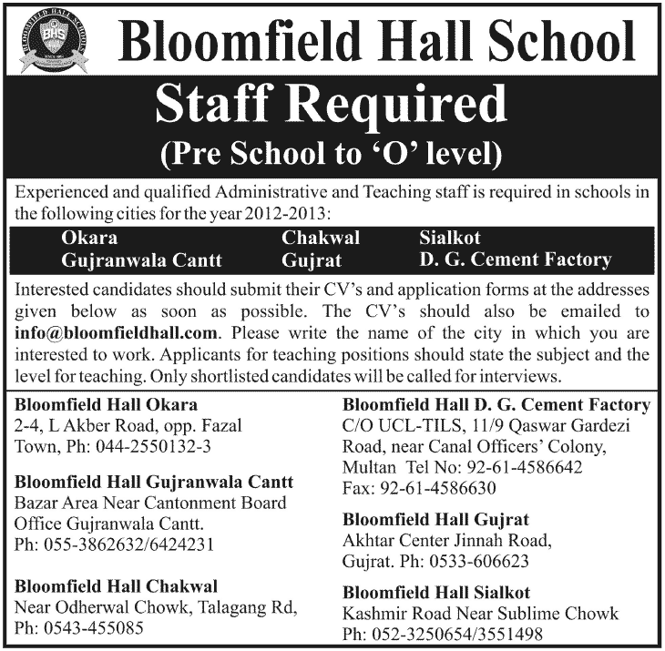 Bloomfield Hall School Requires Teaching Staff