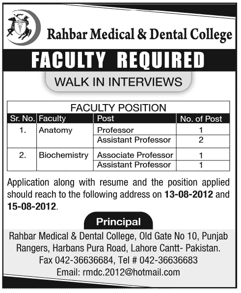 Medical Teaching Faculty Required at Rahbar Medical & Dental College