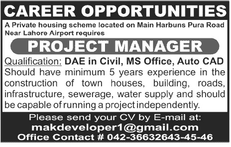 Project Manager Required by a Private Housing Scheme