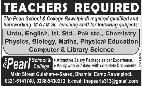 Teachers Required for a Private School & College