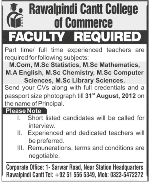 Teaching Faculty Required at Rawalpindi Cantt College of Commerce