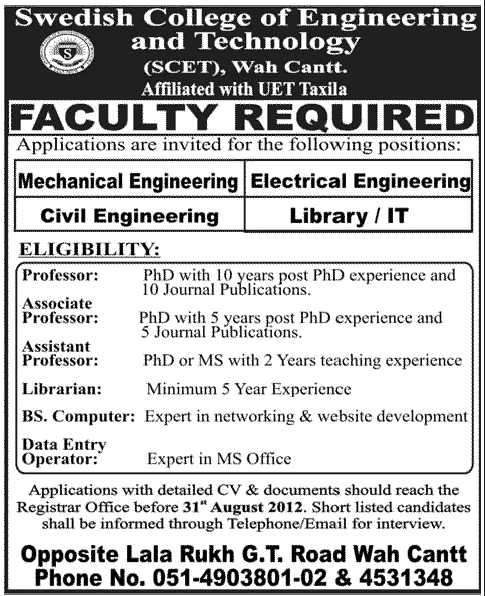Teaching Faculty Required at Swedish College of Engineering and Technology