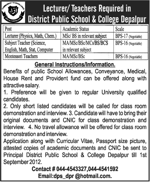 Teaching Faculty Required at DPS College Depalpur