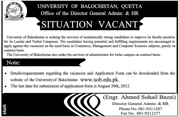 University of Balochistan Requires Teaching Faculty (Government job)