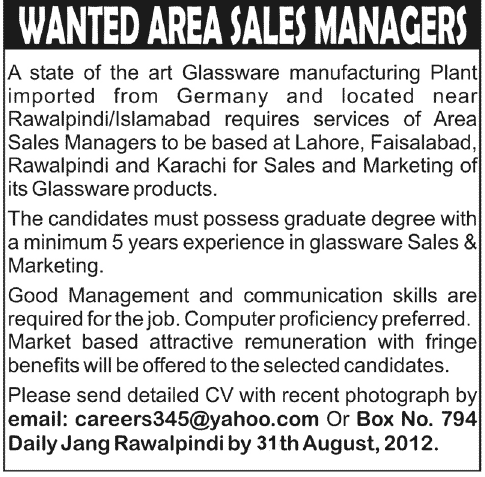 Area Sales Manager Required by a Glassware Manufacturing Plant