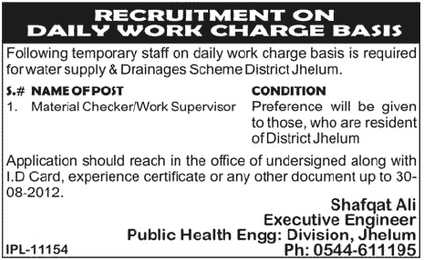 Material Checker/Work Supervisor Required on Daily Work Charge Basis for Water Supply & Drainags Scheme