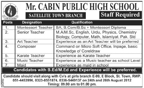 Mr. Cabin Public High School Satellite Town Branch Requires Teaching and Non-Teaching Staff