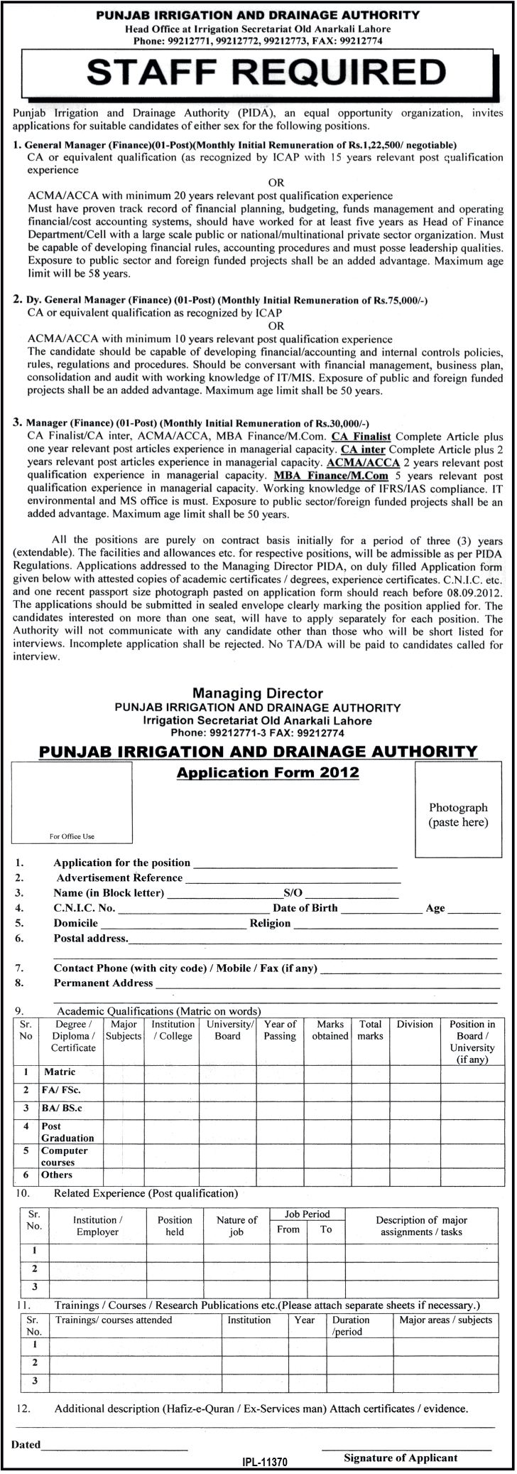 PIDA Punjab Irrigation and Drainage Authority Requires Finance Management Staff (Government Job)