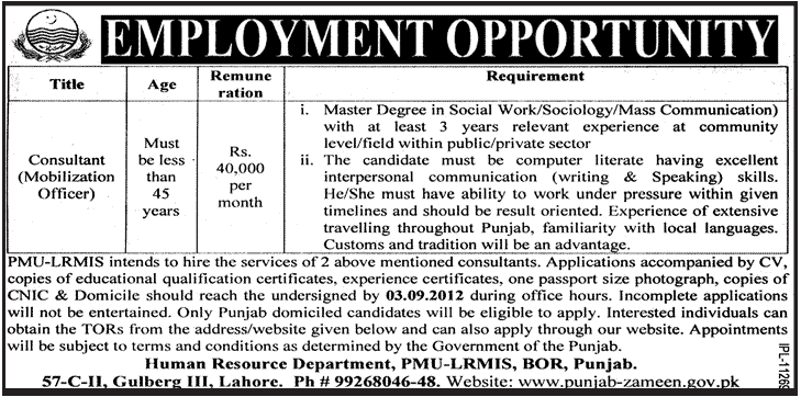 Consultant Mobilization Officer Required Under PMU-LRMIS Punjab (Government Job)