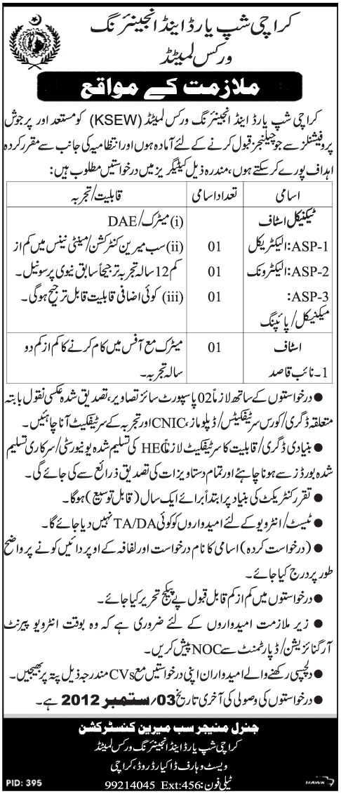 Karachi Ship Yard & Engineering Works Limited (KSEW) Requires Technical Staff (Government Job)