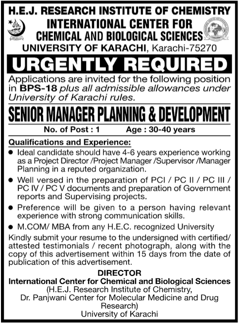 Senior Manager Planning & Development Required by University of Karachi