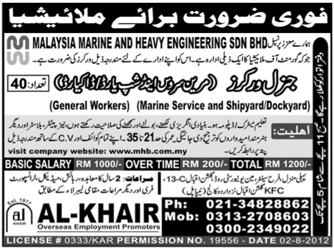 General Workers Required for Malaysia