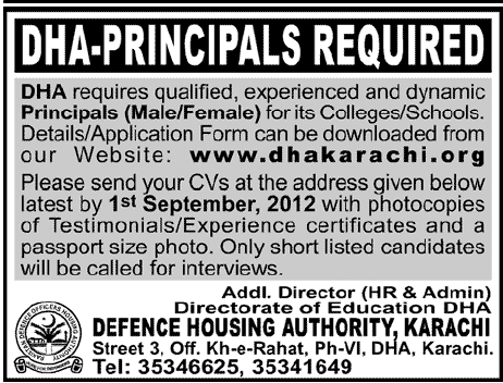 Principals Required for DHA Colleges/ Schools