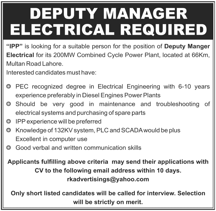Deputy Manager Electrical Required for Combined Cycle Power Plant