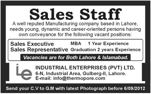 Sales Staff Required by a Manufacturing Company