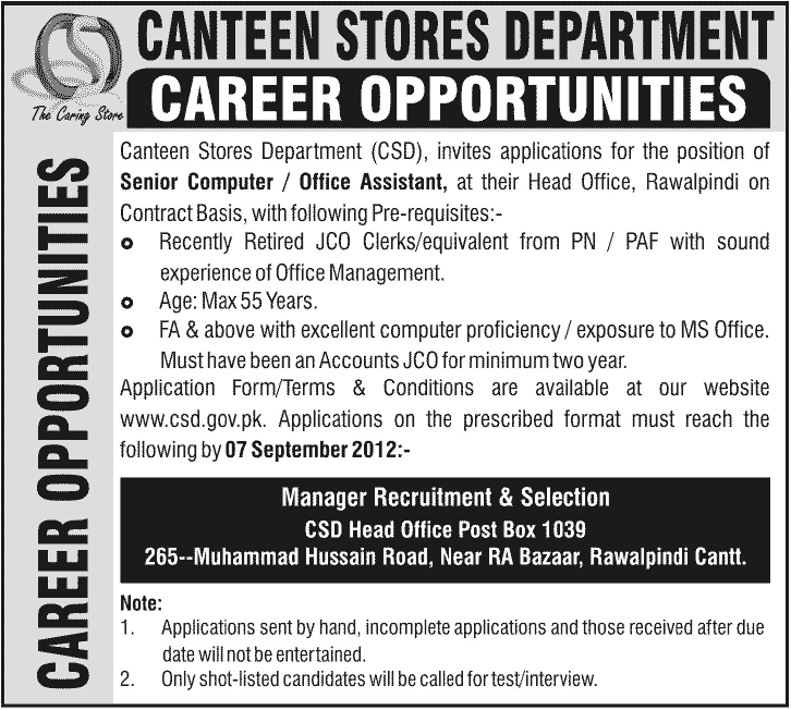 CSD Canteen Stores Department Requires Senior Computer/ Office Assistant (Government Job)