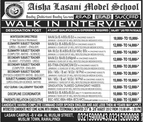 Teaching Staff Required at Aisha Lasani Model School