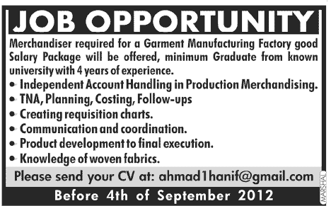 Merchandiser Required for a Garment Manufacturing Factory