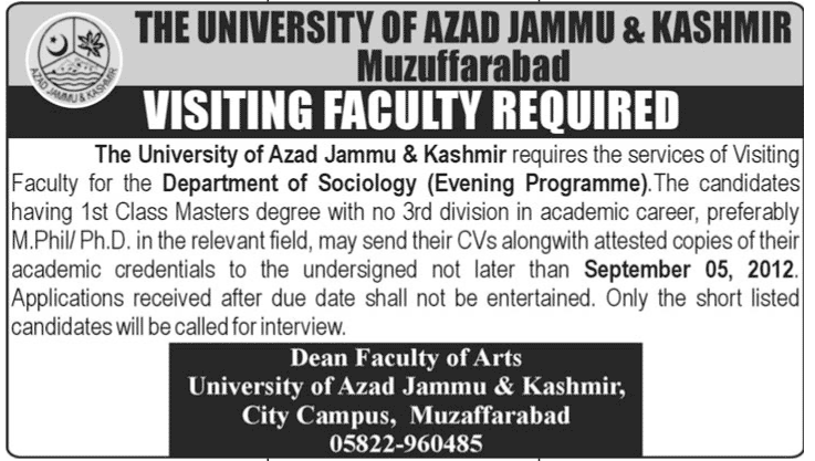 Visiting Faculty Required for Department of Sociology at The University of Azad Jammu & Kashmir
