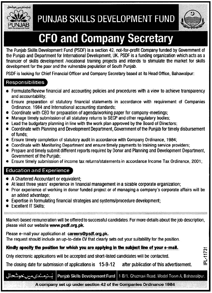 Punjab Skills Development Fund (PSDF) Requires Chief Financial Officer and Company Secretary (Government Job)
