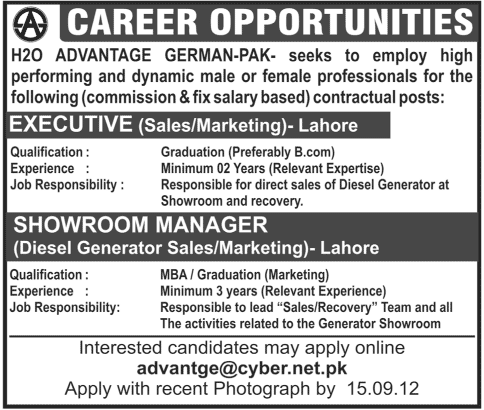 Sales Executive and Showroom Manager Required by H2O German-Pak Company
