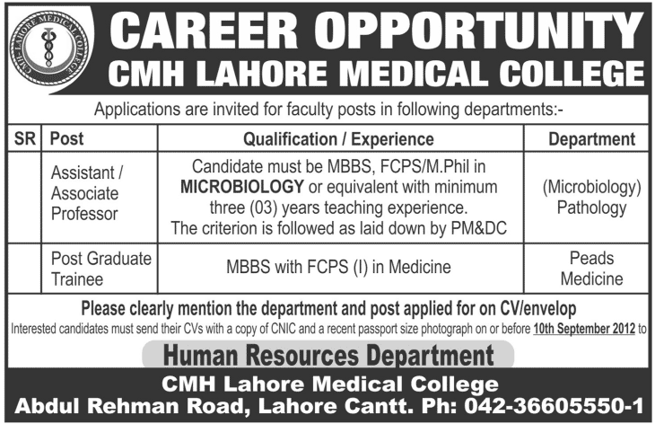 CMH Lahore Medical College Requires Teaching Faculty and Post Graduate Trainee