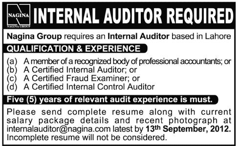 Internal Auditor Required by Nagina Group