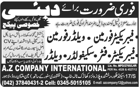 Fabricator Foreman and Skilled Labour Required for Dubai
