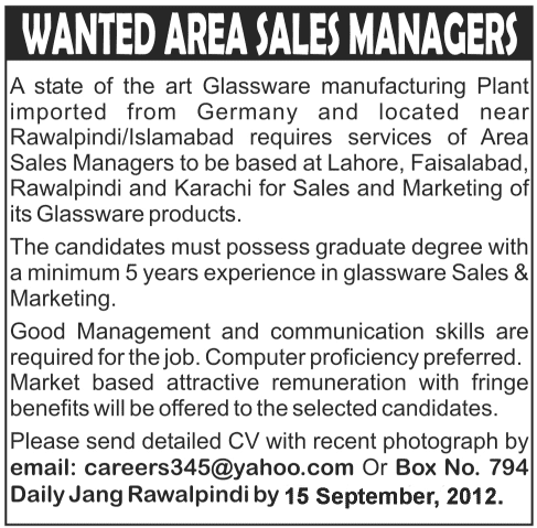 Area Sales Manager Required for a Glassware Manufacturing Plant