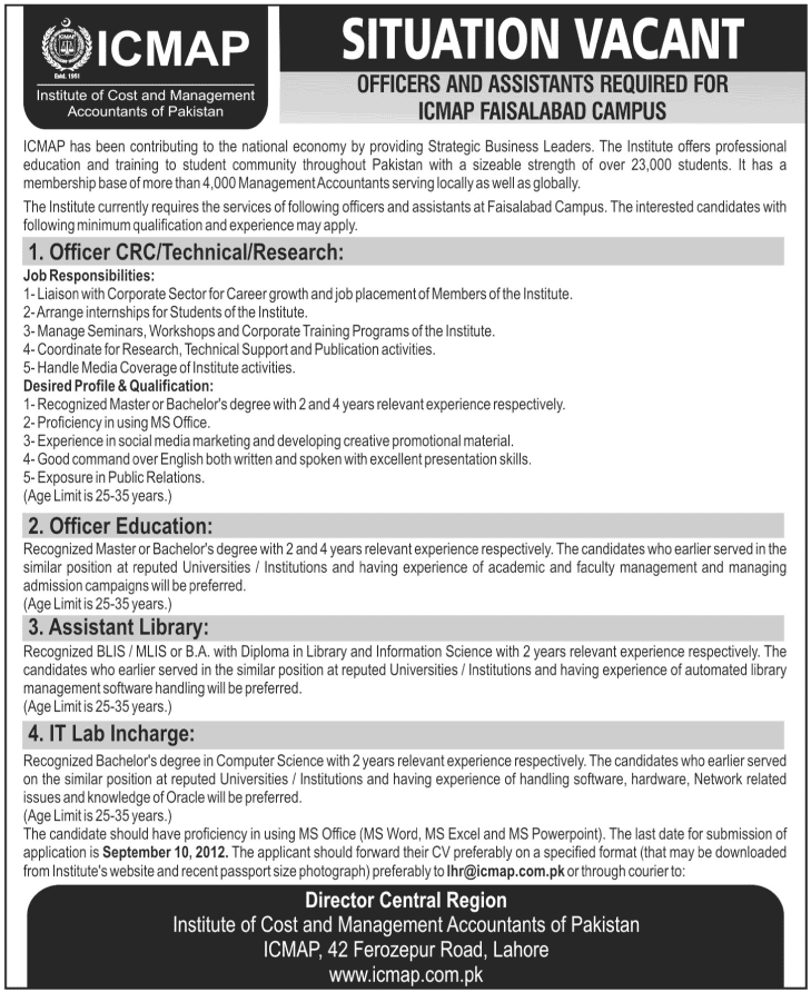 ICMAP Institute of Cost and Management Accountants of Pakistan Jobs
