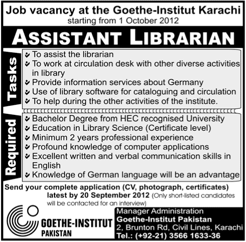 Assistant Librarian Required by Goethe-Institute Karachi