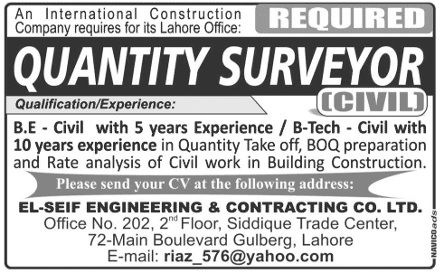 Civil Quantity Surveyor Required by a Construction Company