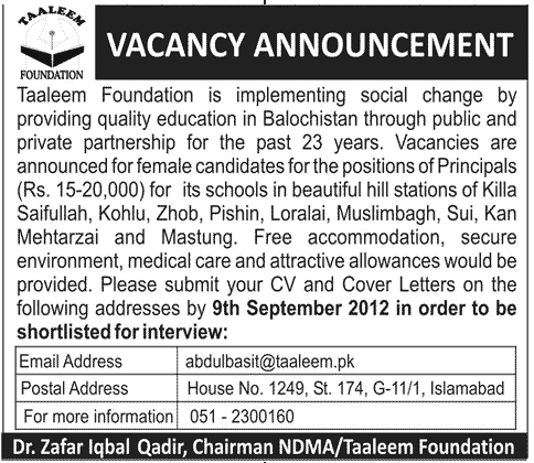 Female Principals Required by Taleem Foundation