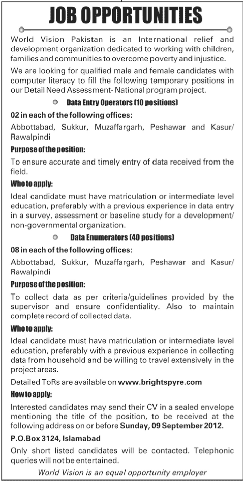 Data Entry Operators Required by World Vision Pakistan (NGO Jobs)