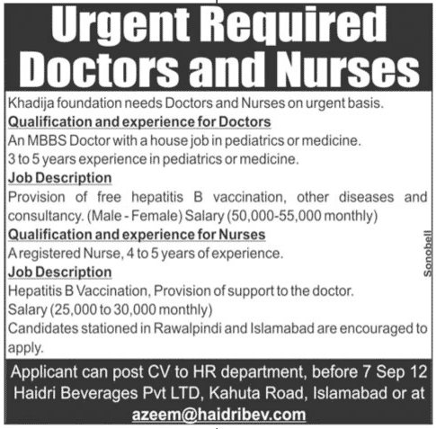 Doctors and Nurses Required by Khadija Foundation