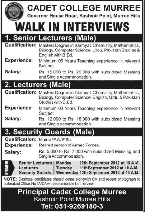 Cadet College Murree Requires Teaching Faculty