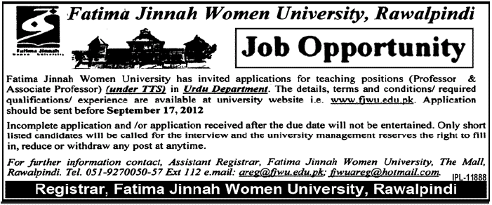 Fatima Jinnah Women University Rawalpindi Requires Teaching Faculty (Government Job)