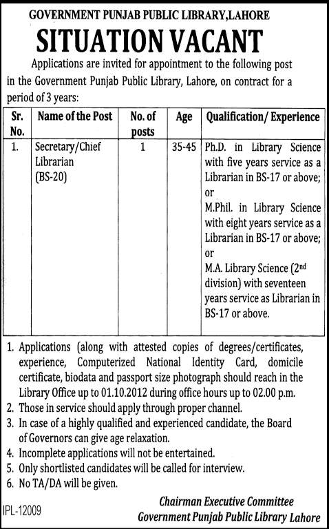 Government Punjab Public Library Lahore Requires Secretary/Chief Librarian (Government Job)