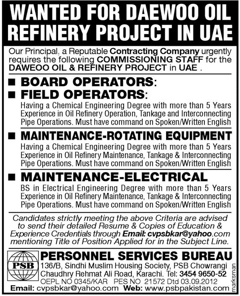 Maintenance and Engineering Staff Required for Oil Refinary Project