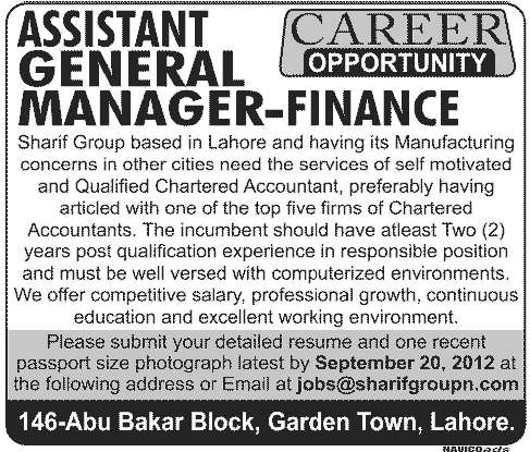 Assistant General Manager Finance Required