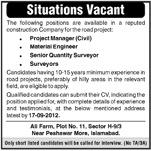 Construction Staff Required by a Construction Company