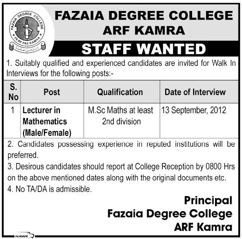 FAZAIA Degree College ARF Kamra Requires Lecturer in Maths