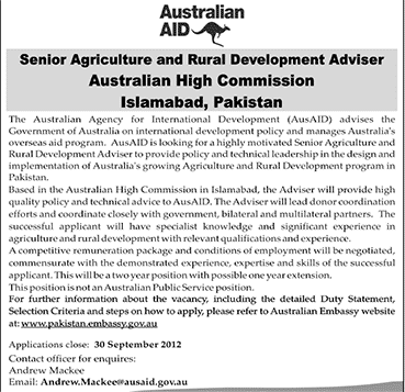 Australian AID Requires Senior Agriculture and Rural Development Adviser at Australian High Commission