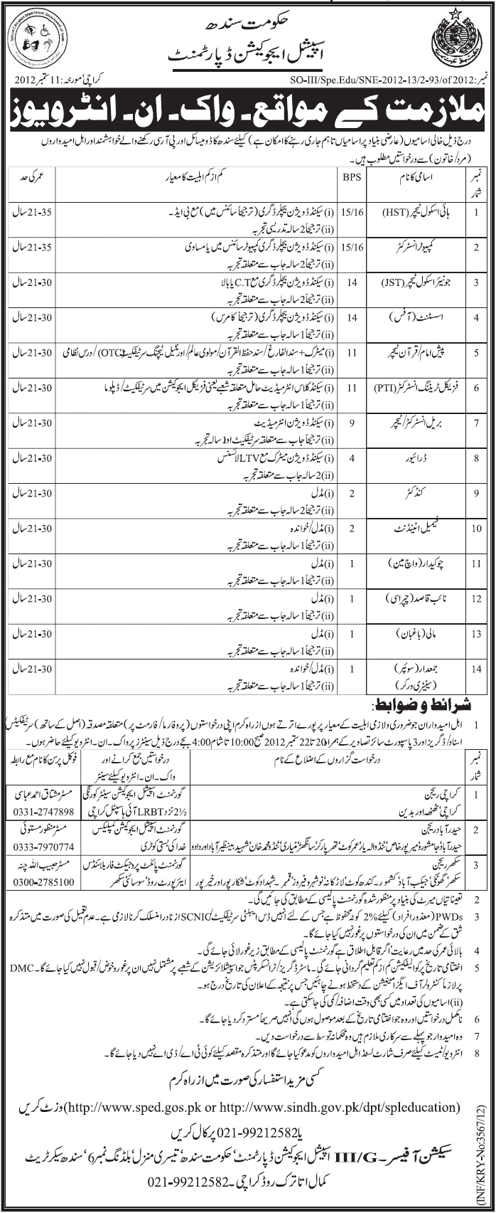 Special Education Department Government of Sindh Jobs (Government Job)