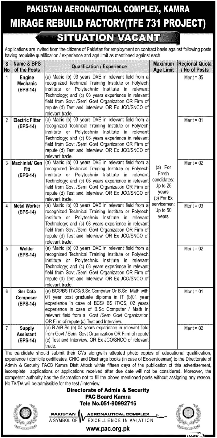 Pakistan Aeronautical Complex (PAC) Kamra Jobs (Government Job) (Armed Forces Job)