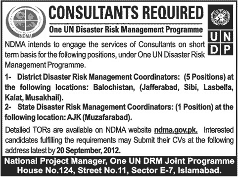 Consultants Required by NDMA Under UN Disaster Risk Management Programme (UN Job)