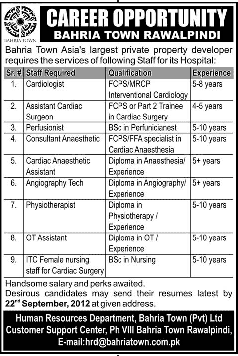 Bahria Town Rawalpindi Requires Medical Professionals for Hospital