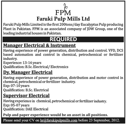 Faruki Pulp Mills Limited Requires Electrical Management Staff