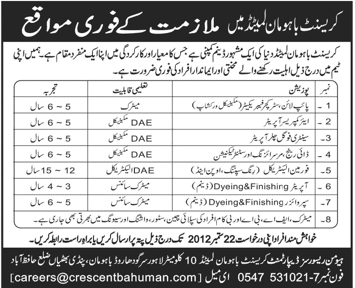 Crescent Bahu Man Limited Company Requires Technical Staff